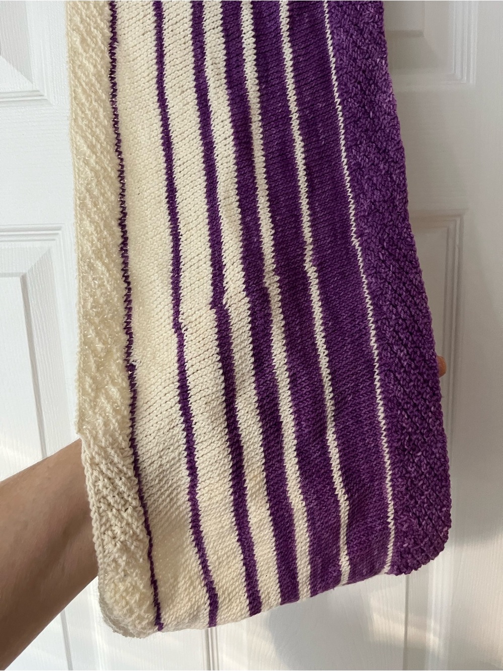 Purple, Cream Striped hand knit, one of a kind infinity scarf